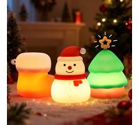 Wrischan Luz Nocturna Infantil Navideña,3 Piezas Luz Bebe Nocturna de Silicona para Bebé con 7 Colores RGB, Bota de Muñeco de Nieve Decoración de Árbol de Navidad Regulable Lampara Bebe Noche