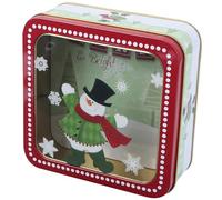 WRITWAA Caja de Hojalata para Dulces Navideños Diseño de Muñeco de Nieve y Ventana Transparente, Caja Cuadrada para Almacenamiento y Decoración Festiva