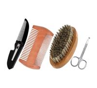 WRITWAA Kit Cuidado de Barba para Hombre 4 Piezas, Peine de Madera para Barba y Bigote, Cepillo de Cerdas de Jabalí, Tijeras para Recorte, Peine de Viaje de Bolsillo para Arreglo