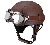 WRMIGN Casco de Moto Retro Medio Cuero De PU Abierto con Gafas de Aviador Cascos Jet Vintage Cruiser Unisex Moto Scooter Medio Casco Jet Estilo Alemán ECE Homologado