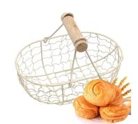 Wrought Iron Basket - Wire Egg Holder, Picnic Container | Rustic Wood Handle Accessory for Easter Gathering Fruit Bread Collection Outdoor Camping Farm Use Need