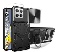 WRTBS Funda para Xiaomi Poco F8 Pro 5G con protector de pantalla de cristal, cubierta de protección de cámara deslizante integrada, funda protectora militar resistente de cuerpo completo, negro-B