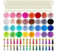Wrtysully 160 Piezas Pom Pom Tassel Set Pom Pom Balls Dorado Key Ring Faux Fur Pom Pom para Proyectos de Bricolaje, Color Aleatorio