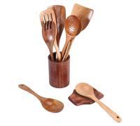 Wrtysully 9 Cucharas de Madera para Cocinar, Utensilios de Madera para Cocinar con Soporte para Utensilios, Juego de Utensilios de Cocina de Madera de Teca