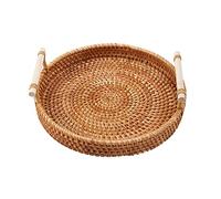 Wrtysully Bandeja de Almacenamiento de RatáN, Cesta Redonda con Asa, Tejido a Mano, Bandeja de Mimbre Cesta de Mimbre Pan Fruta Comida Desayuno Pantalla L