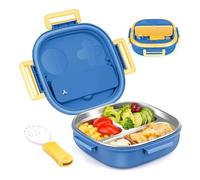Wrtysully Caja Bento para Niños de Acero Inoxidable, A Prueba de Fugas, 3 Compartimentos, Lonchera con Cubiertos, Tamaños de Porciones Ideales para Edades de 1 A 3 Años, Azul