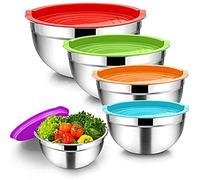 Wrtysully Cuenco para Mezclar de 5 Piezas, Cuenco de Ensalada de Acero Inoxidable Cuenco para Servir Apilable con Tapas HerméTicas para Cocina Cocinar Hornear, Etc.