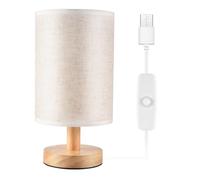 Wrtysully DC5V LáMpara de Mesita de Noche Redonda LáMpara de Mesita de Noche con Pantalla de Tela y Madera Maciza para Dormitorio, Sala de Estar Oficina