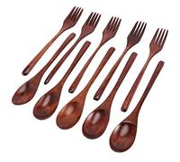 Wrtysully Juego de 10 Cucharas de Madera y Tenedores, Juego de Utensilios de Madera, Juego de Cubiertos de Madera Natural Reutilizable para Cocinar, Comer
