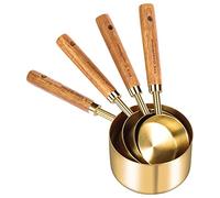 Wrtysully Juego de 8 Tazas y Cucharas Medidoras, Manejar de Madera con Medidas MéTricas y Estadounidenses, Acero Inoxidable, para Cocinar y Hornear