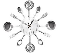 Wrtysully Reloj de Pared de Metal con Cubiertos de Cocina de 14 Pulgadas con Tenedor y Cuchara Reloj de Cuarzo 3D Sin Tictac para DecoracióN del Hogar del Dormitorio, Plata