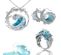 Wryhaul Conjunto de joyas de juramento del océano, conjunto de aretes de anillo de collar de ola oceánica ajustable, anillo de océano de circonita cúbica de ola marina, Regalo de joyería de (3PCS-A)