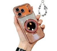 WRYHAUL Sparkling Diamond Women's Phone Case with Mirror & Stand for iPhone 17 Pro MAX, Luxury Bling Crystal Rhinestone Phone Case with Sparkle Crystal Bracelets (16 Pro,Orange)