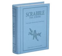WS Game Company Scrabble for Juniors Vintage Bookshelf Edition - Tablero de 2 caras crece con tu hijo - Juego de palabras de almacenamiento de libros envuelto en tela para edades de 5 años en adelante