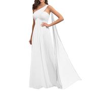 WSEYU Vestido de dama de honor con un hombro descubierto, largo de gasa fruncido, vestido de noche formal, blanco, 42