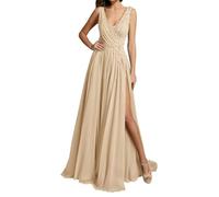 WSEYU Vestido de dama de honor de gasa para mujer, con abertura, vestidos de graduación, vestidos de cóctel, talla grande, champán, 40