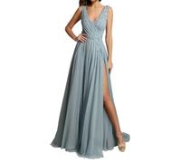 WSEYU Vestido de dama de honor de gasa para mujer, con abertura, vestidos de graduación, vestidos de cóctel, talla grande, Dusty Azul, 38