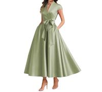WSEYU Vestido de dama de honor de satén para mujer, con bolsillos, vestido de graduación, plisado, vestido de cóctel, talla grande, Verde Salvia, 36