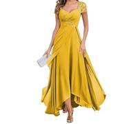 WSEYU Vestido de encaje para madre de la novia, vestido de fiesta de boda, vestido de cóctel de gasa, talla grande, amarillo mostaza, 38
