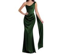 WSEYU Vestido de fiesta de satén con un hombro descubierto, bufanda, cuello redondo, vestido de cóctel, vestido de baile de sirena, color negro, Verde esmeralda., 46