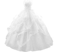 WSEYU Vestido largo de fiesta con volantes, vestido de quinceañera, sin tirantes, encaje de tul, con cuentas, vestido de noche de princesa, blanco, 40