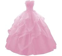 WSEYU Vestido largo de fiesta con volantes, vestido de quinceañera, sin tirantes, encaje de tul, con cuentas, vestido de noche de princesa, rosa, 42