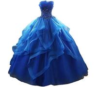 WSEYU Vestido largo de fiesta con volantes vestidos de quinceañera sin tirantes de encaje tul con cuentas vestido de noche de princesa, azul real, 34