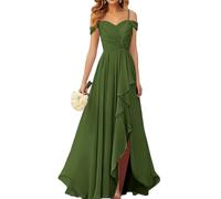 WSEYU Vestidos de dama de honor con hombros descubiertos y abertura, plisados, de gasa, vestidos largos formales para fiesta de noche, verde oliva, 36