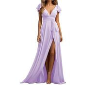 WSEYU Vestidos de dama de honor de gasa para boda, cuello en V, abertura formal, vestido de noche con manga corta, Lila, 48