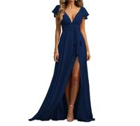 WSEYU Vestidos de dama de honor de gasa para boda, cuello en V, abertura formal, vestido de noche con manga corta, azul marino, 48