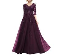 WSEYU Vestidos de gasa con apliques de encaje para madre de la novia, manga 3/4, vestidos formales de noche para abuela, ZMKI440, ciruela, 48 Grande