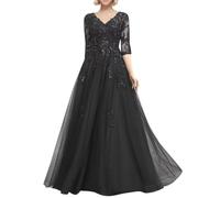 WSEYU Vestidos de gasa con apliques de encaje para madre de la novia, manga 3/4, vestidos formales de noche para abuela, ZMKI440, Negro, 52 Grande