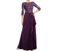 WSEYU Vestidos de madre de la novia para boda, mangas largas 3/4, apliques de encaje, plisados, vestidos de madre del novio, cuello redondo, ciruela, 48