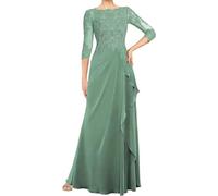 WSEYU Vestidos de madre de la novia para boda, mangas largas 3/4, apliques de encaje, plisados, vestidos de madre del novio, cuello redondo, Verde pastel., 46