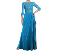 WSEYU Vestidos de madre de la novia para boda, mangas largas 3/4, apliques de encaje, plisados, vestidos de madre del novio, cuello redondo, azul, 46