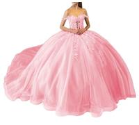 WSEYU Vestidos de quinceañera con lentejuelas brillantes, vestidos de encaje con hombros descubiertos, vestidos de concurso con tren, vestido de baile de tul hinchado de princesa, rosa, 38