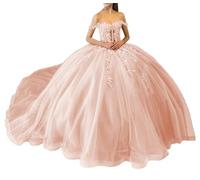 WSEYU Vestidos de quinceañera con lentejuelas brillantes, vestidos de encaje con hombros descubiertos, vestidos de concurso con tren, vestido de baile de tul hinchado de princesa, Blush Pink, 34