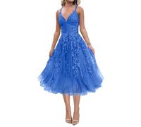 WSEYU ZMKI456 - Vestido corto de tul con apliques de encaje para dama de honor, graduación, cóctel, fiesta, azul, 56 Grande