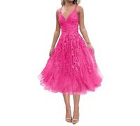 WSEYU ZMKI456 - Vestido corto de tul con apliques de encaje para dama de honor, graduación, cóctel, fiesta, hot pink, 34
