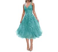 WSEYU ZMKI456 - Vestido corto de tul con apliques de encaje para dama de honor, graduación, cóctel, fiesta, turquesa, 56 Grande