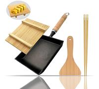 WSGSYYDS Tamagoyaki - Sartén japonesa para tortilla de hierro fundido con tapa de madera, bandeja cuadrada japonesa para huevos, sartén rectangular para tamago con espátula y palillos, 7 x 6 pulgadas