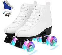 WSJYP Patines de Ruedas de Cuatro Ruedas, Patines de Ruedas para Mujeres, Patines de Ruedas de Cuero de PU, Patines de Ruedas Brillantes para Niñas,White Flash wheel-36