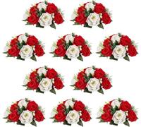 WSQHAO Decoración de Flores Artificiales Uds. De 10 y 15 Cabezas Rosas con Base, arreglo Bolas Falsas, Ramo for decoración del hogar Boda para Hogar(Red White,6 Pcs)