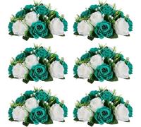 WSQHAO Decoración de Flores Artificiales Uds. De 10 y 15 Cabezas Rosas con Base, arreglo Bolas Falsas, Ramo for decoración del hogar Boda para Hogar(Teal White,6 Pcs)
