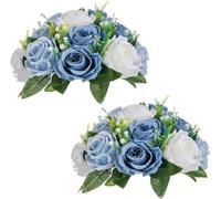 WSQHAO Decoración de Flores Artificiales Uds. De 10 y 15 Cabezas Rosas con Base, arreglo Bolas Falsas, Ramo for decoración del hogar Boda para Hogar(Dusty Blue White,6 Pcs)