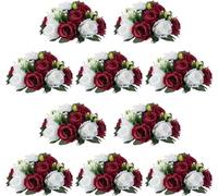 WSQHAO Decoración de Flores Artificiales Uds. De 10 y 15 Cabezas Rosas con Base, arreglo Bolas Falsas, Ramo for decoración del hogar Boda para Hogar(Burgundy White,6 Pcs)