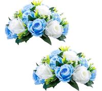 WSQHAO Decoración de Flores Artificiales Uds. De 10 y 15 Cabezas Rosas con Base, arreglo Bolas Falsas, Ramo for decoración del hogar Boda para Hogar(Blue White,6 Pcs)