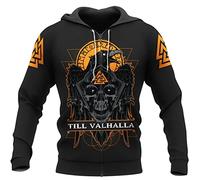 WSXJJ Tatuaje Vikingo Valhalla Sudadera Hombre, Capucha Nordic Warrior Skull Jersey Casual Camisa 3D Regalo Chaqueta,Till Valhalla Zipper,L
