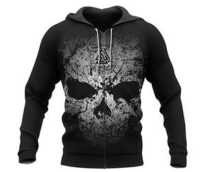 WSXJJ Valhalla Skull Viking Hoodie Hombre Sudadera Capucha Tatuaje Nórdico Estampado 3D Chaqueta Estilo Camisa Unisex Gran Tamaño,Valknut Skull Zipper,XL