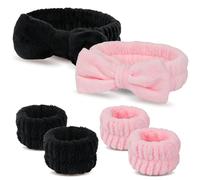 WSYUB Diadema y pulseras de spa para lavado facial, juego de diadema y pulsera, negro y rosa, 6 piezas